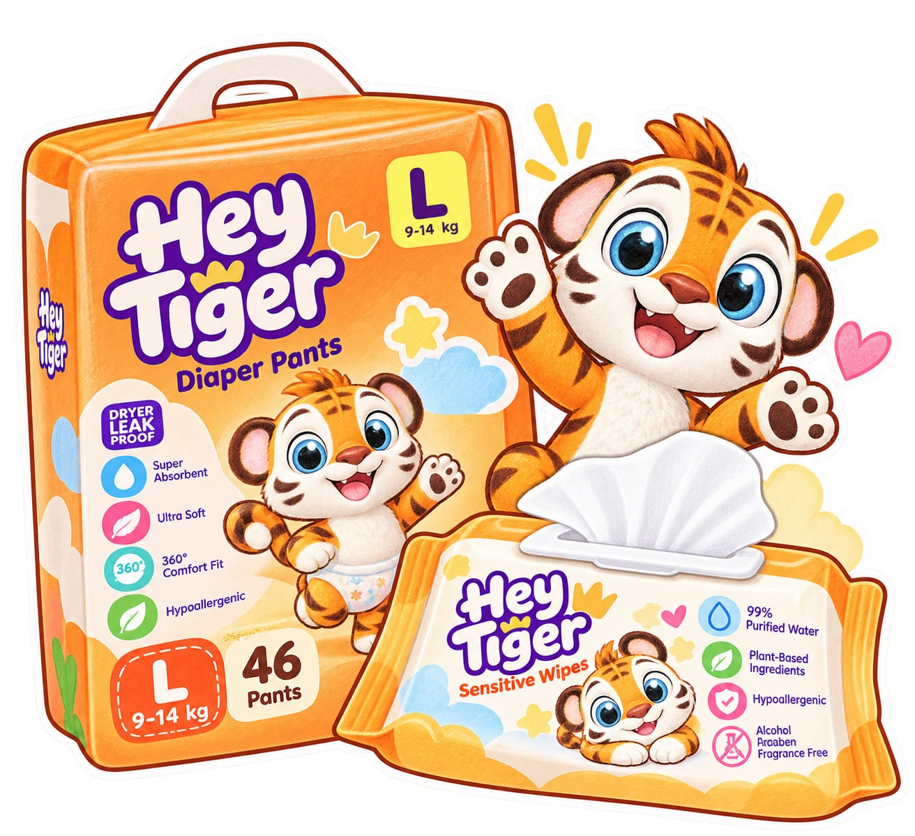 Hey Tiger diaper pants and wipes illustration